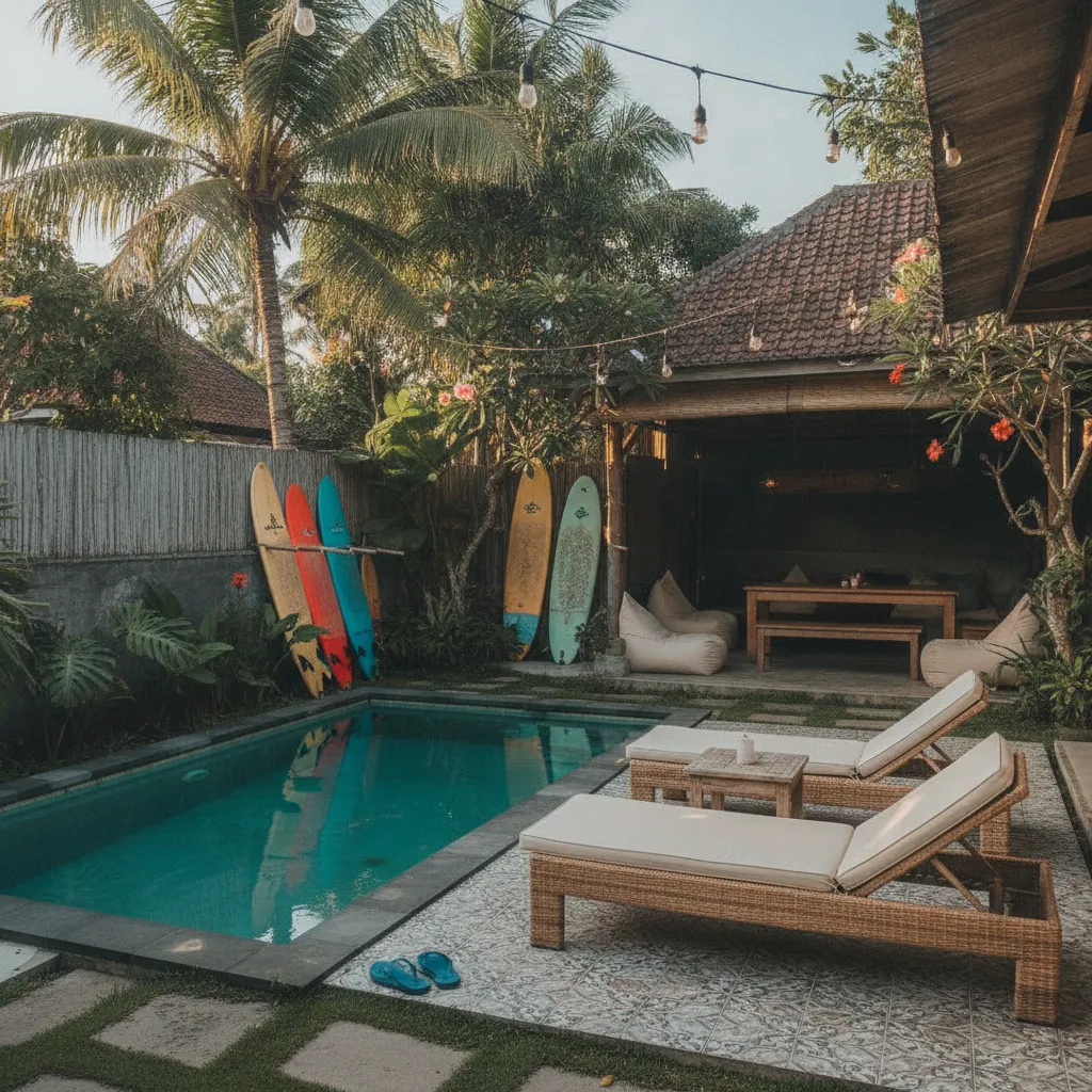 Pool and tropical garden at the surf camp guesthouse near Uluwatu